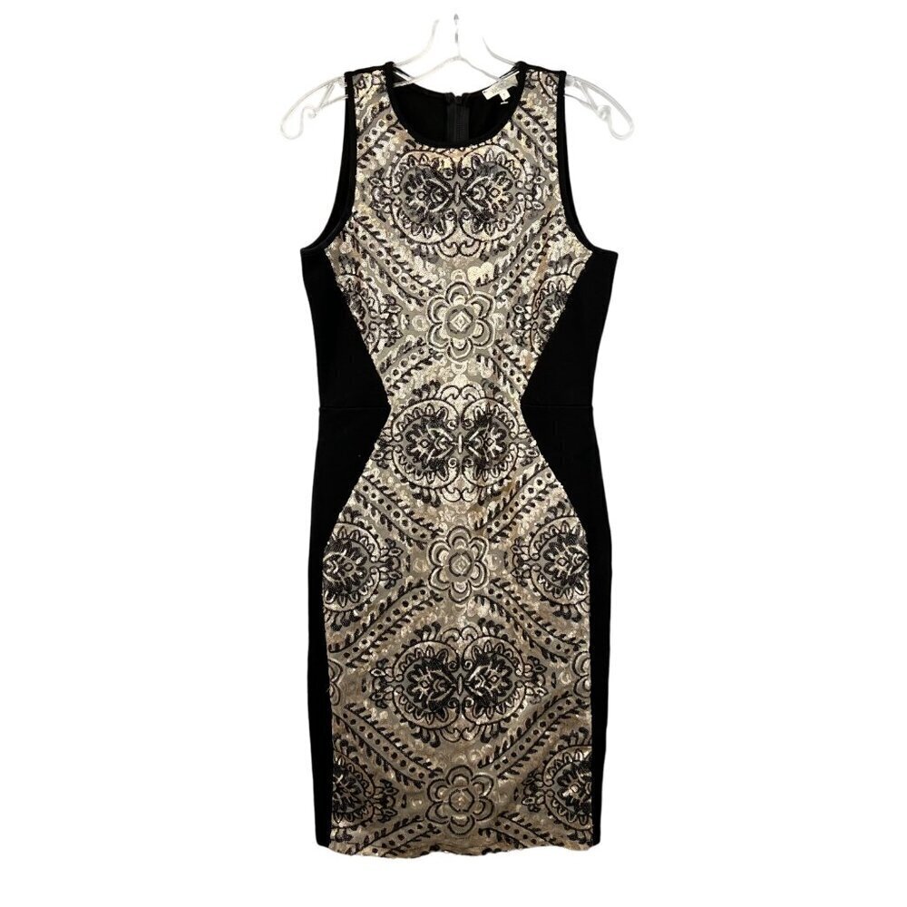 Weston Women’s Sleeveless Fitted Black/Gold Sequin Fitted Midi Dress S